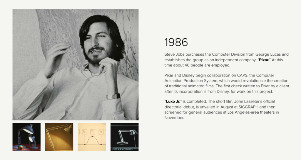 1986 milestone for Pixar featuring Steve Jobs, the acquisition of the Computer Division from George Lucas, and the debut of the Luxo Jr. short film, with key historical images displayed below.